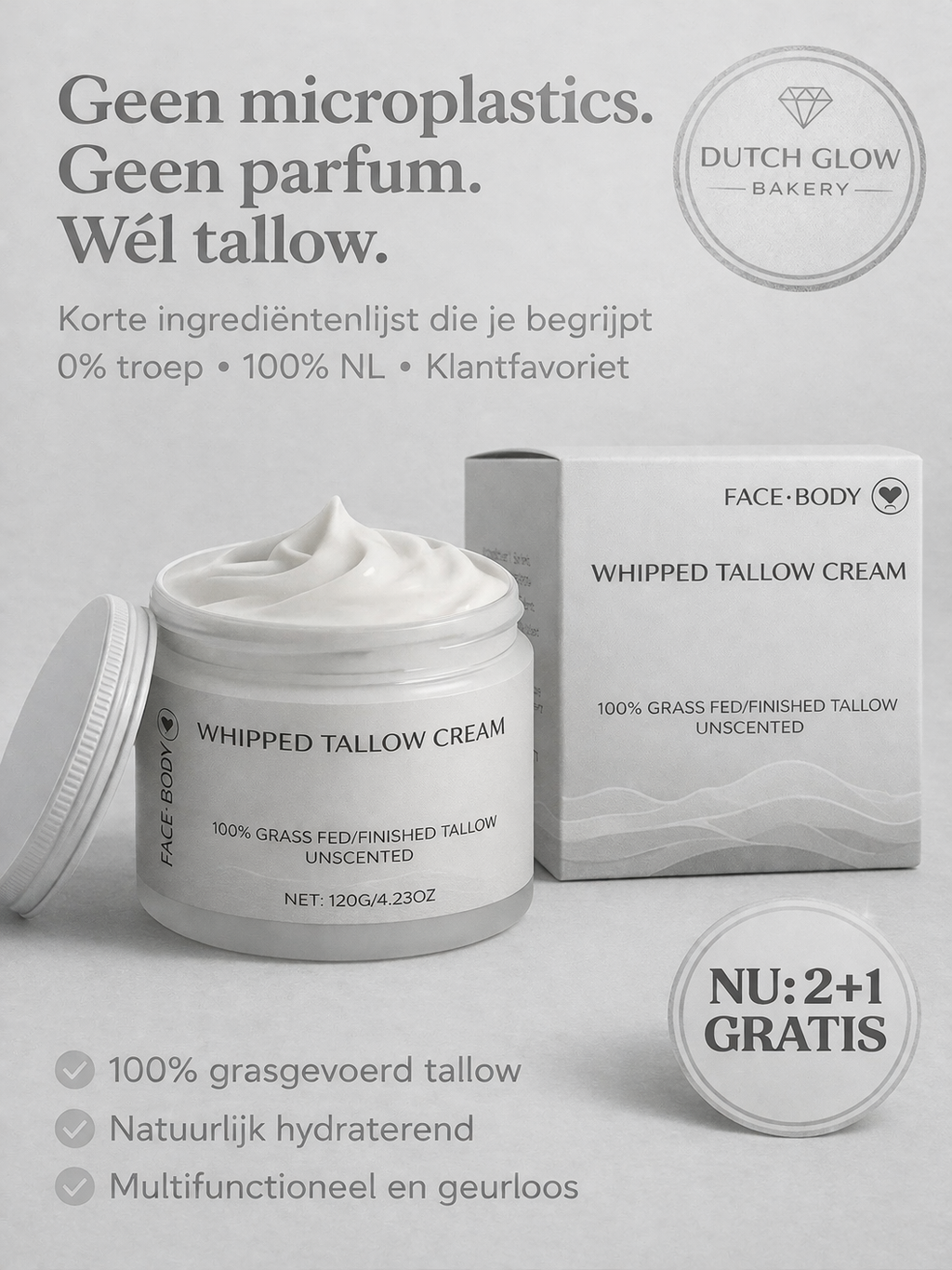 2+1 GRATIS! Tallow Gezichtscrème - Natuurlijke Anti-Rimpel Crème met Grass-Fed Beef Tallow